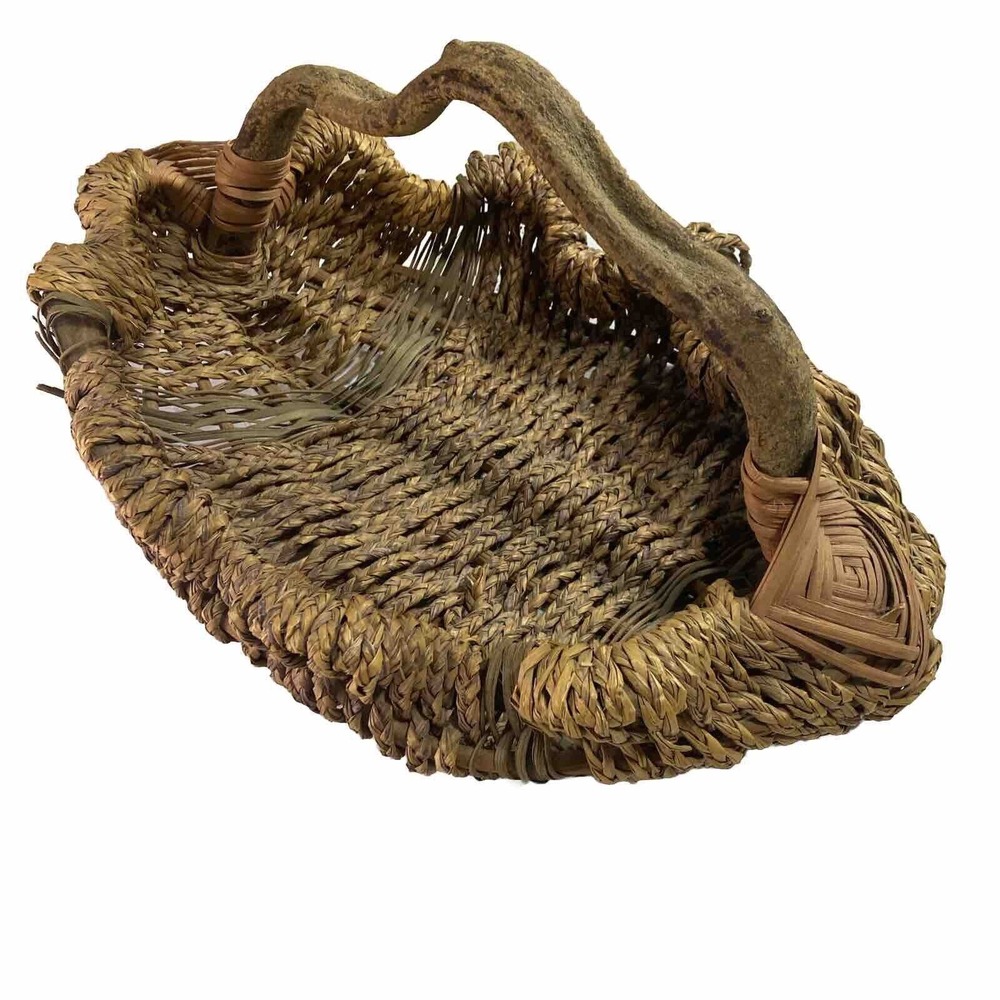 VTG Large Primitive Eye of God Wicker Basket Tree Branch Handle Farmhouse Boho